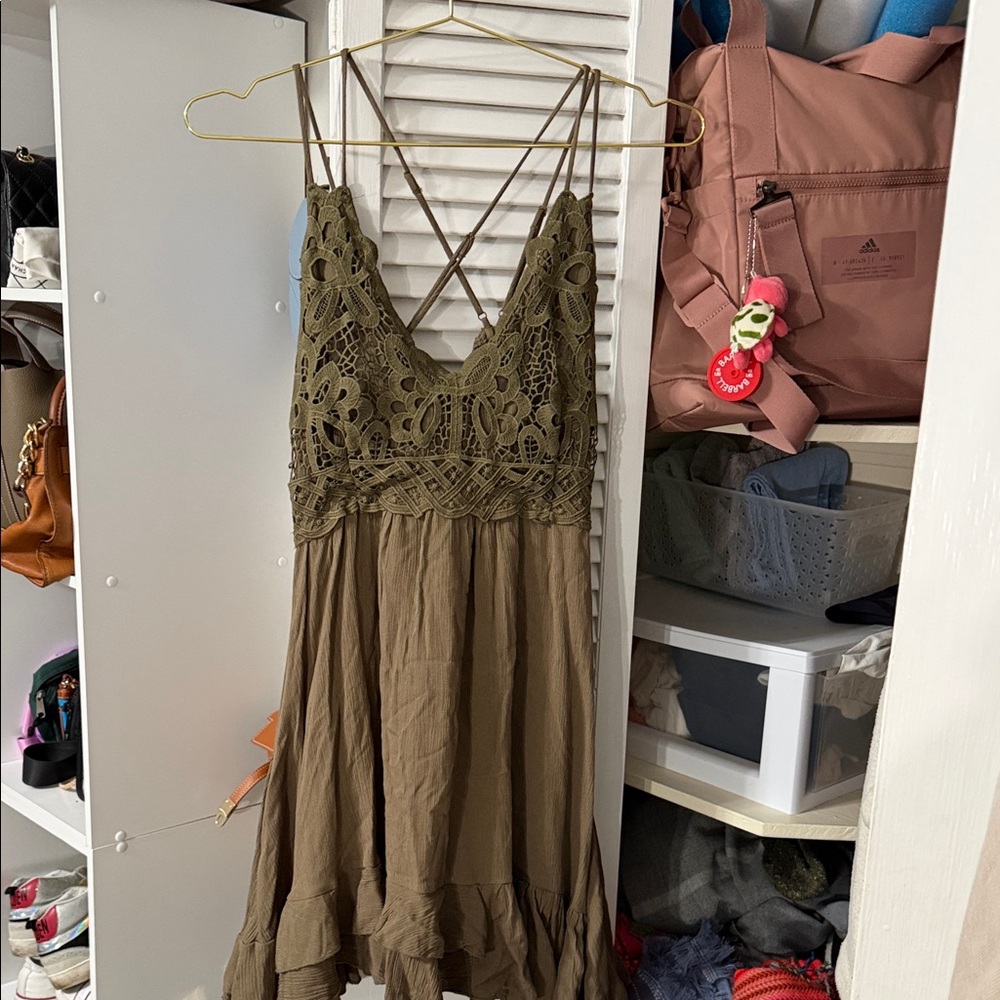 Olive Crochet Bodice Spaghetti-Strap Dress size small